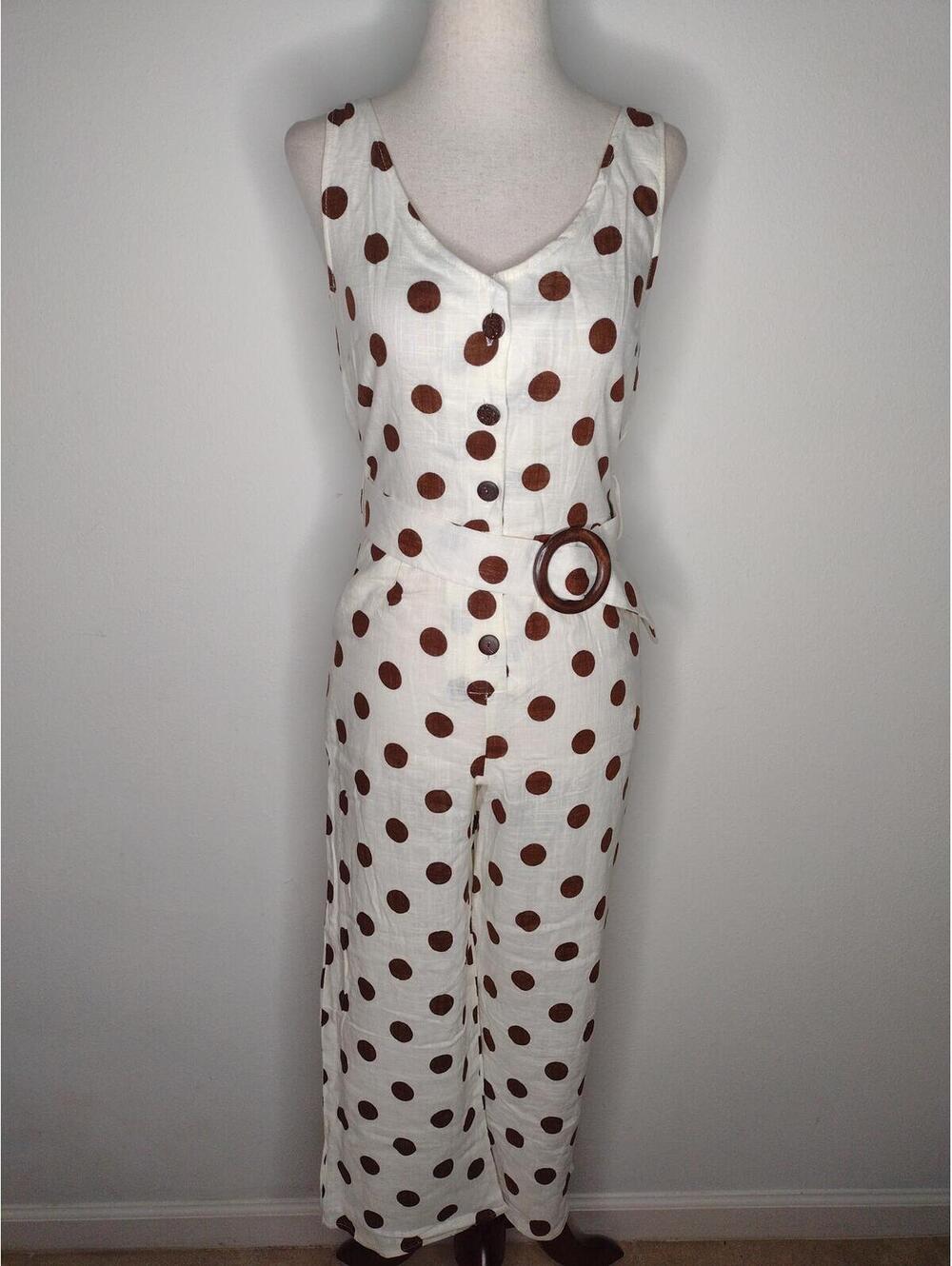 Monteau White Jumpsuit with Brown Polka Dots
